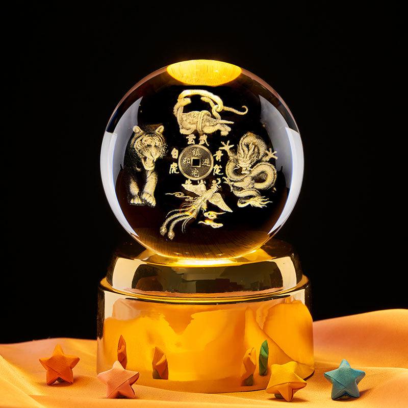 Four Sacred Beasts 3D Crystal Ball Night Light - Bluetooth Luminous Ornament for Birthdays & Qixi Festival