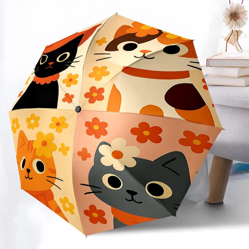 1pc Floral Cats Automatic Folding Umbrella Portable Collapsible Umbrella for All Seasons, 8-Rib Durable Construction043