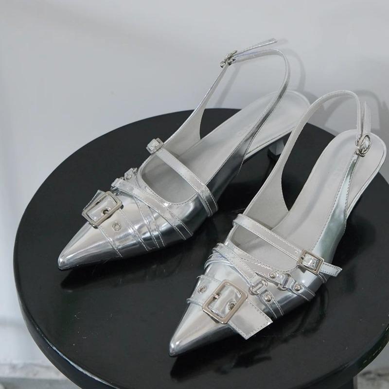 Pointed-toe Shoes Half Slippers Women's Outerwear Button-up Flip-flops and High Heels