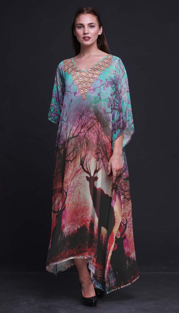 Phagun Deer Animal Ladies Plus Size Kaftan Summer Wear Beach Coverup Kimono