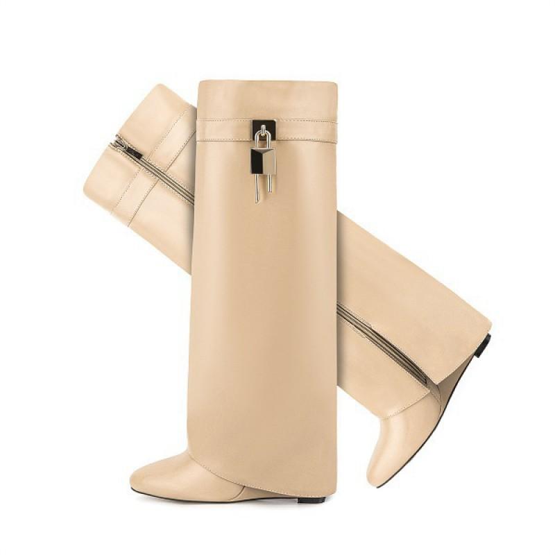 Womens Pointed Toe Flat Fashion Boots Side Zip High Top Metal Buckle Winter Casual