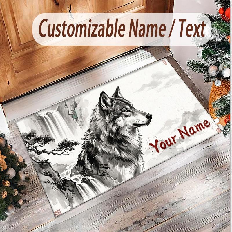 Wolf Theme Soft Crystal Velvet Rug Custom Name & Text Print Non Slip Floor Rug for Bedroom Living Room
