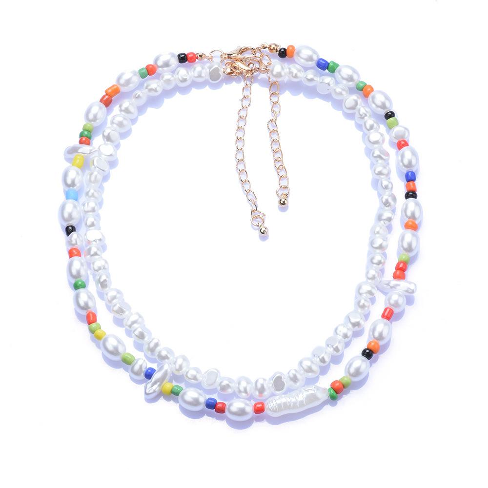 Bohemian Handmade Pearl Multi-Layer Necklace, Simple And Creative Exaggerated Color Rice Bead Pendant Women'S Jewelry