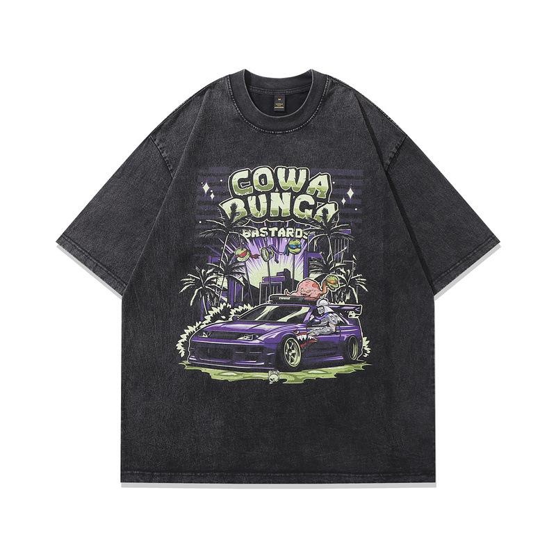 Men'S Half-Sleeved T-Shirt American Hip-Hop Retro Print Oversize Washed Short-Sleeved T-Shirt