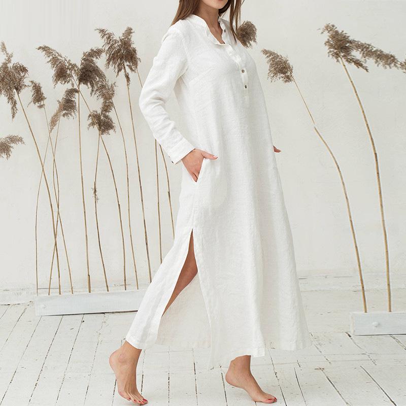 Women's Casual Loose Long Evening Shirt Dress with Stand Collar and Long Sleeves