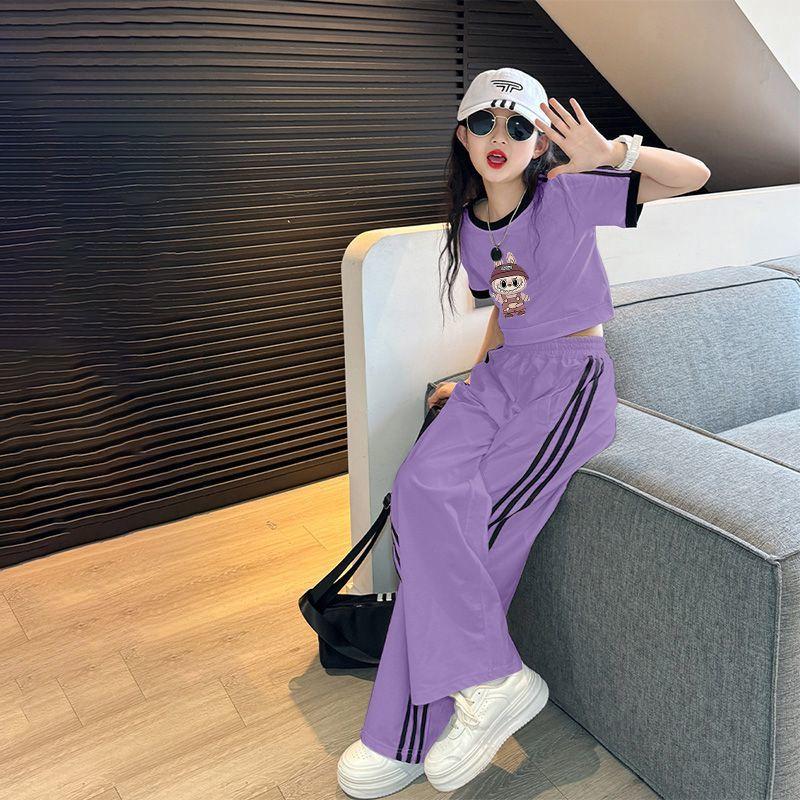 

Дитячий модний комплект Літня футболка для дівчинки Повсякденні широкі штани Набір з двох предметів 160