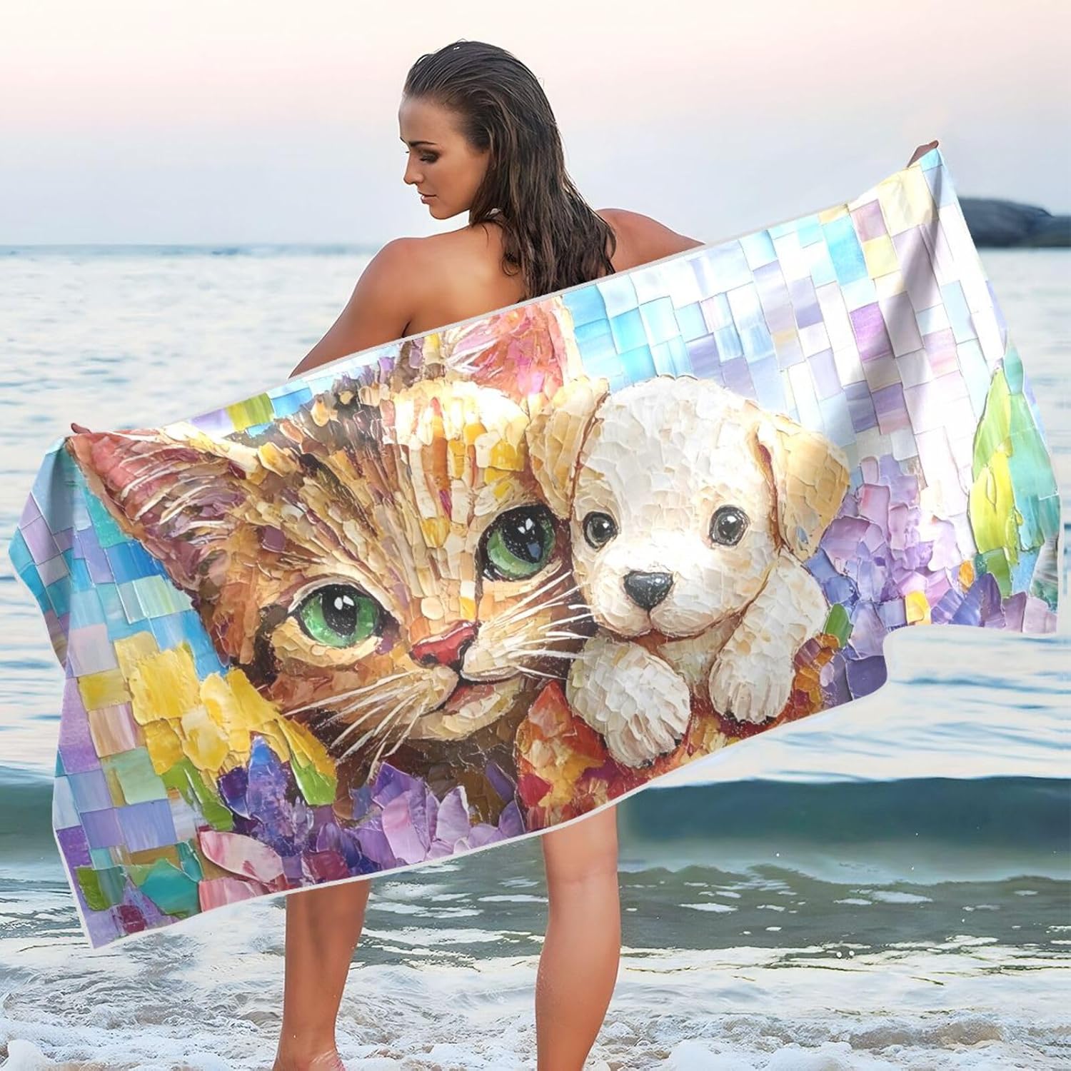 

Cat and Dog Beach Towel, Cute Pets Oversized Quick Dry Absorbent, Sand Free Lightweight Travel Pool Blanket Wrap Mat W40*H60(CM)