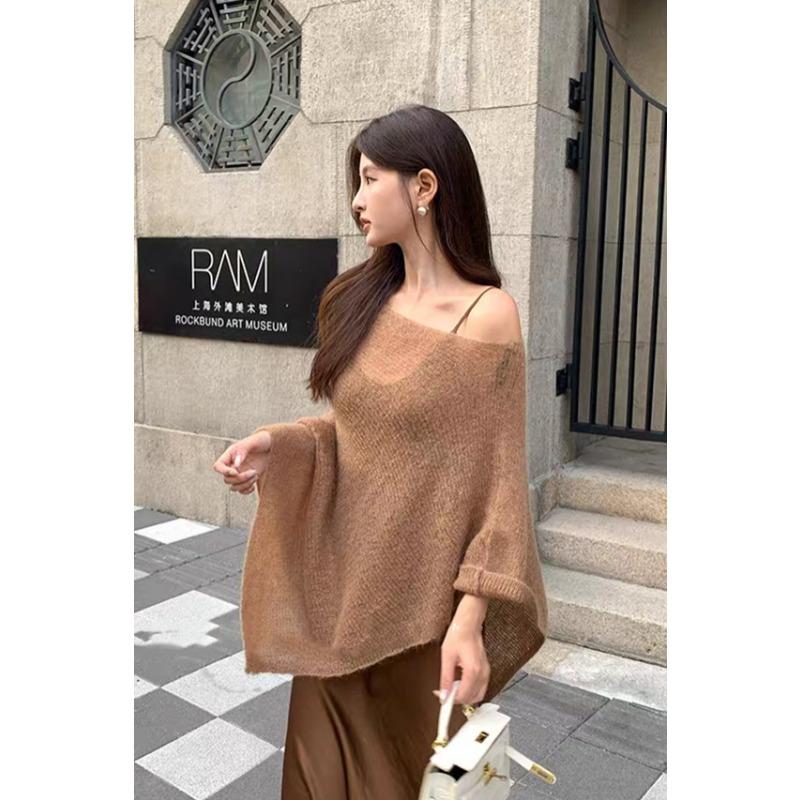 Irregular Loose Fit Knitwaer Off Shoulder Cape Blouse Casual  Cover Up Solid Color Knitted Blouses Sheer Knit Poncho Top Elegant Layering Clothing