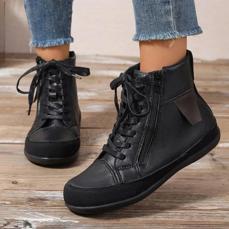 Winter New Flat Single Shoes Women's Round Head Front Strap Side Zipper Soft Sole Anti-slip Wear-resistant Short Boots