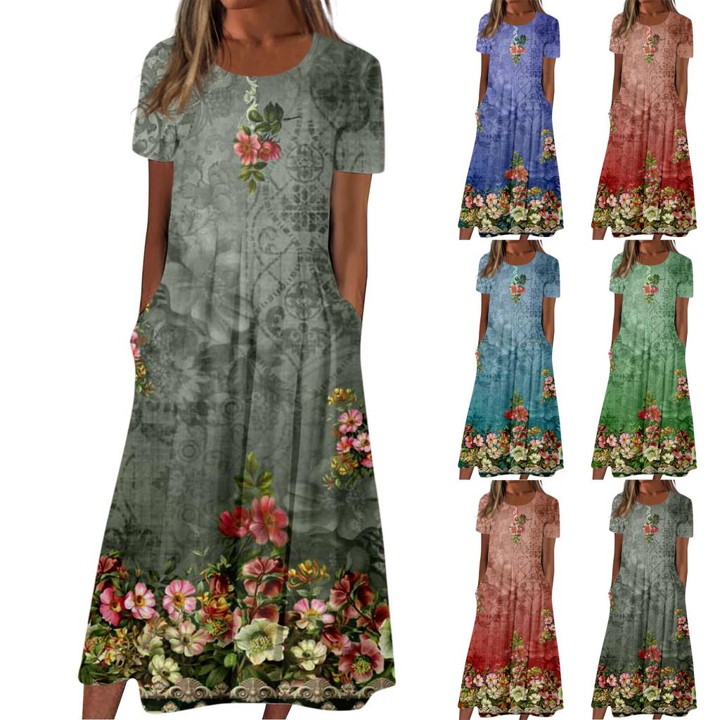 Women's Summer Casual Fashion Leopard Printed Short Sleeve Round Neck With Pocket Dress