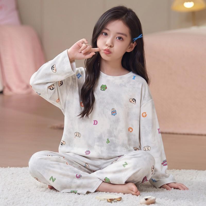 Girls Cotton Pajama Set Long Sleeve Round Neck Cartoon Print Sleepwear Kids Teens Home Wear