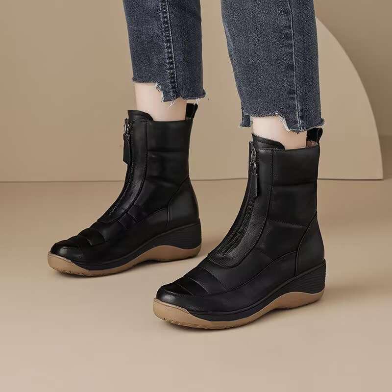 Dicksohlige Schneestiefel aus weichem Leder Herbst und Winter Plus Samt Verdickt Rutschfeste Stiefel Damen Keile Damenschuhe Wolle Kurze Stiefel