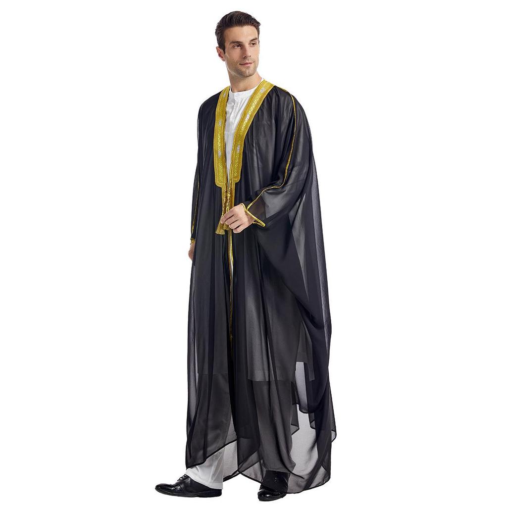 Men's Embroidered Chiffon Robe, TH834 - Long-Sleeved Arabic Tassel Design with Gold Beads