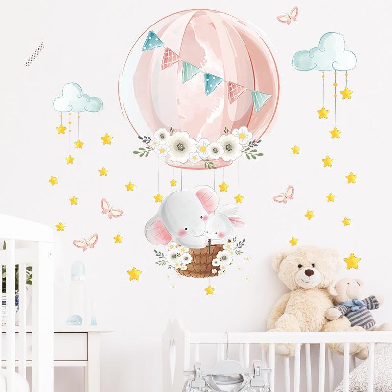 1 Pcs Cute Cartoon Animal Elephant Hot Air Balloon Wall Stickers For Children's Room Nursery Bedroom School Home Decoration