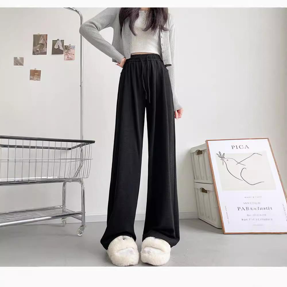Women's Solid Color Wide-Leg Pants - Autumn/Winter 2024, Mid-Waist, Loose Straight-Leg, Floor-Length