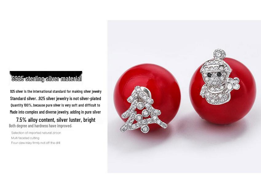 Christmas Reindeer Snowflake Red Pearl 925 Sterling Silver Stud Earrings