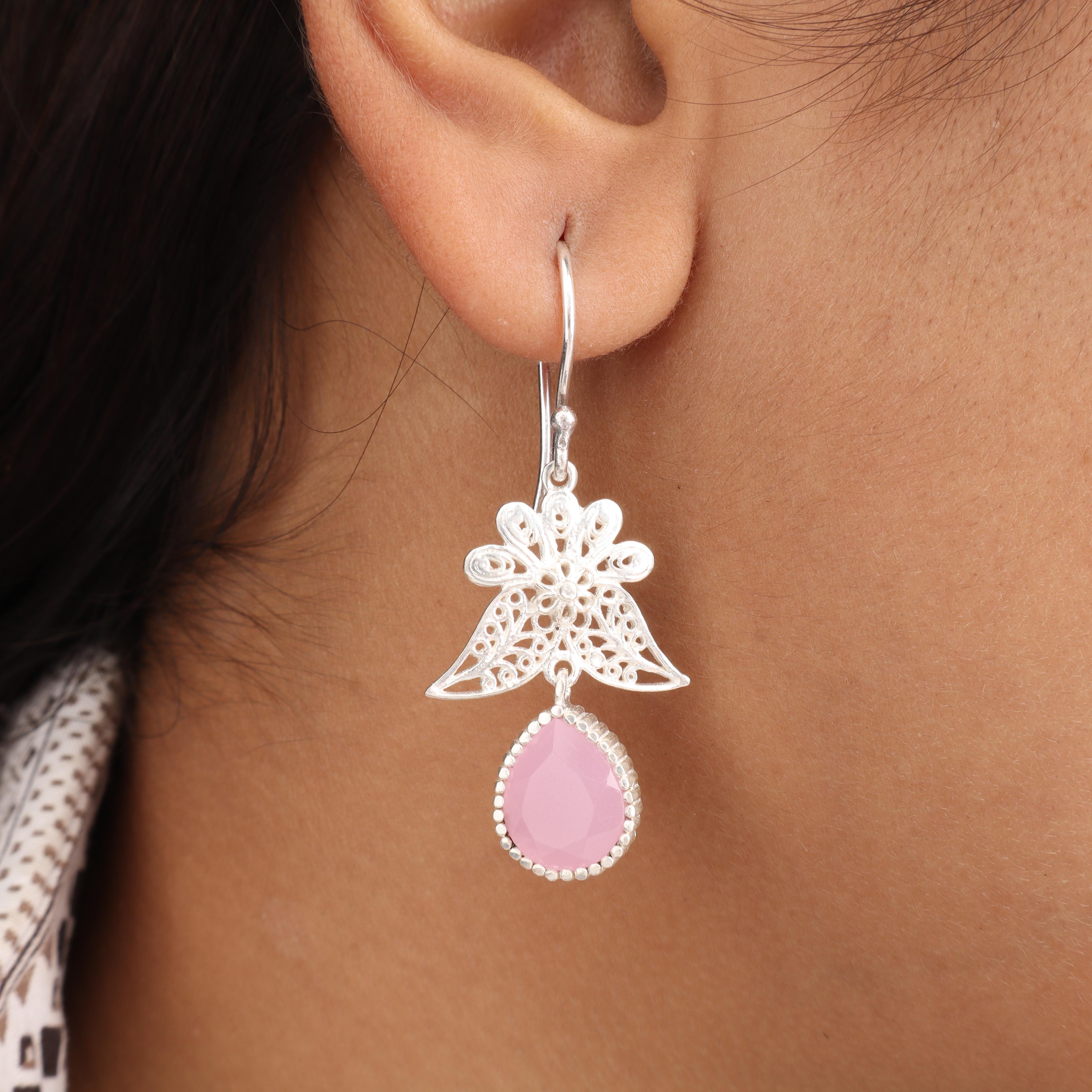 

Rose Chalcedony Gemstone 925 Sterling Silver Jewelry Handmade Hook Earrings 1.84 For Birthday Gift CE-23-14