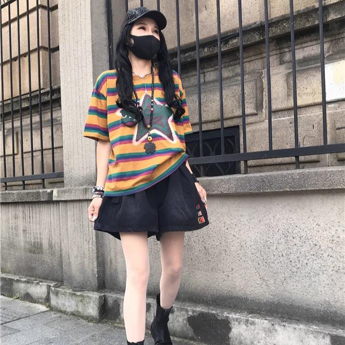 DIMANAF 2025 Summer T-shirt Women Spliced Star Printing Stripe Short Sleeve Loose Black