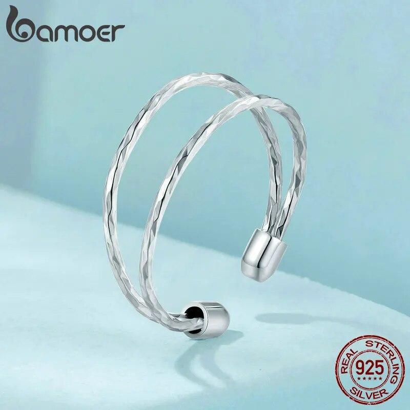 Bamoer Vícevrstvý prsten ze stříbra 925 pro ženy, otevřený nastavitelný široký prsten pro dospívající dívky Módní šperky