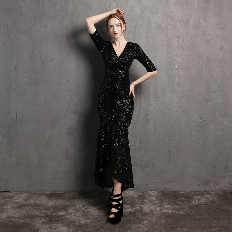 

Sequin Slim-Fit Long-Sleeve V-neck Dress Black((18339#)) XL