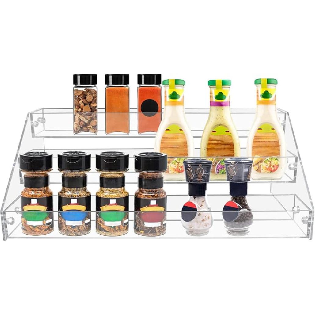 PMMASTO Widen Tiered Spice Rack, Seasoning Organizer, Clear Acrylic Vertical Shelves Can Organizer for Countertop, Cabinet, Pantry, Kitchen 3 Tier - inner width 1.93
