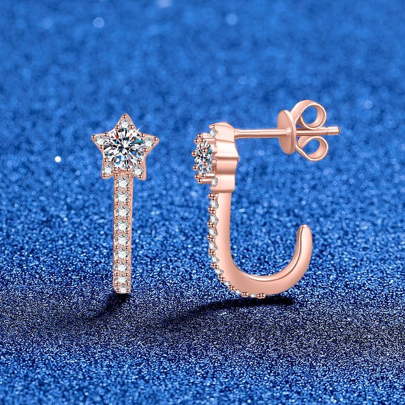 Sterling Star Stud Earrings With Moissanite CZ Pave Delicate U-Shaped Five-Point Women Office Chic Daily