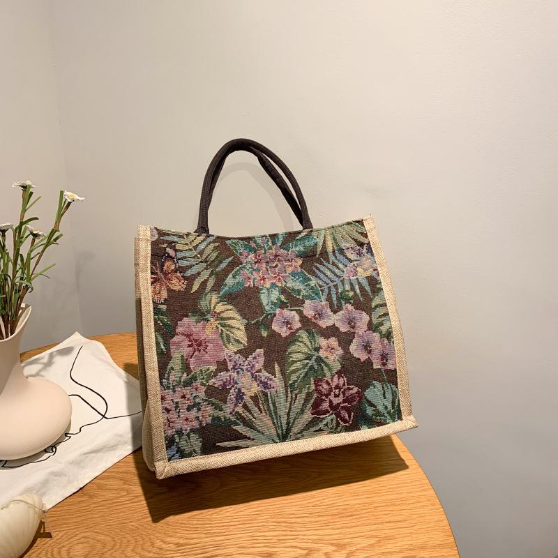 

Bag Women 2025 New Large Capacity Linen Handbag Flower Pattern Linen Bag чёрный