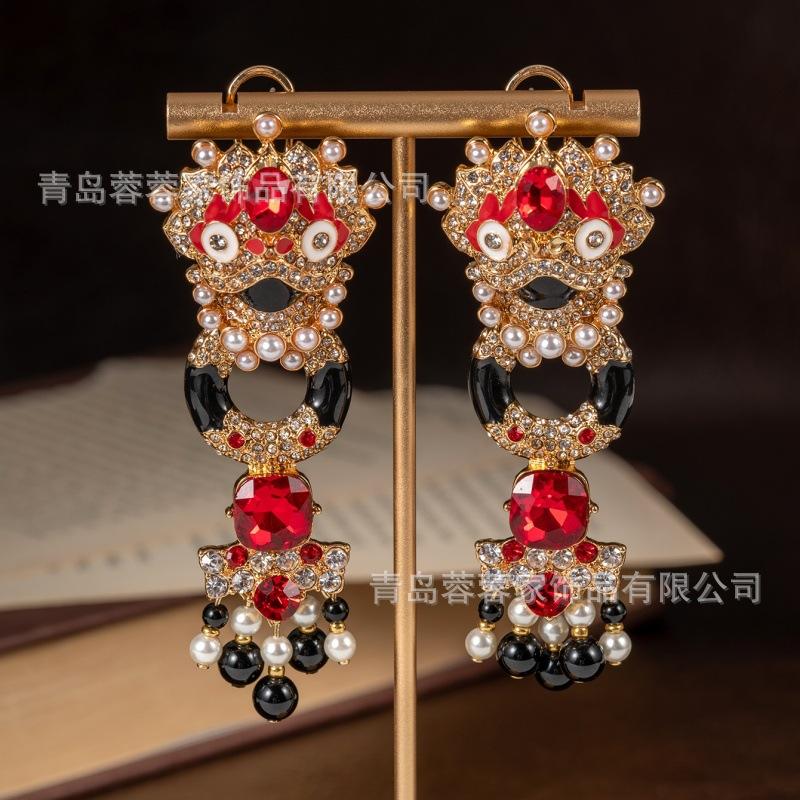 Vintage Chinese Style Red Lion Dance Pearl Tassel Earrings Exude A Sense Of Luxury Necklace Clothing Accessories