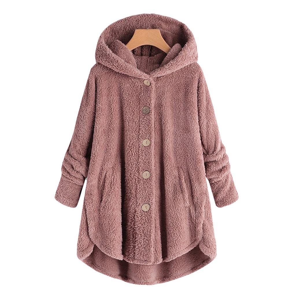 Kvinner Plus Size Button Plysj Topper Hette Løs Cardigan Ull Kåpe Vinterjakke