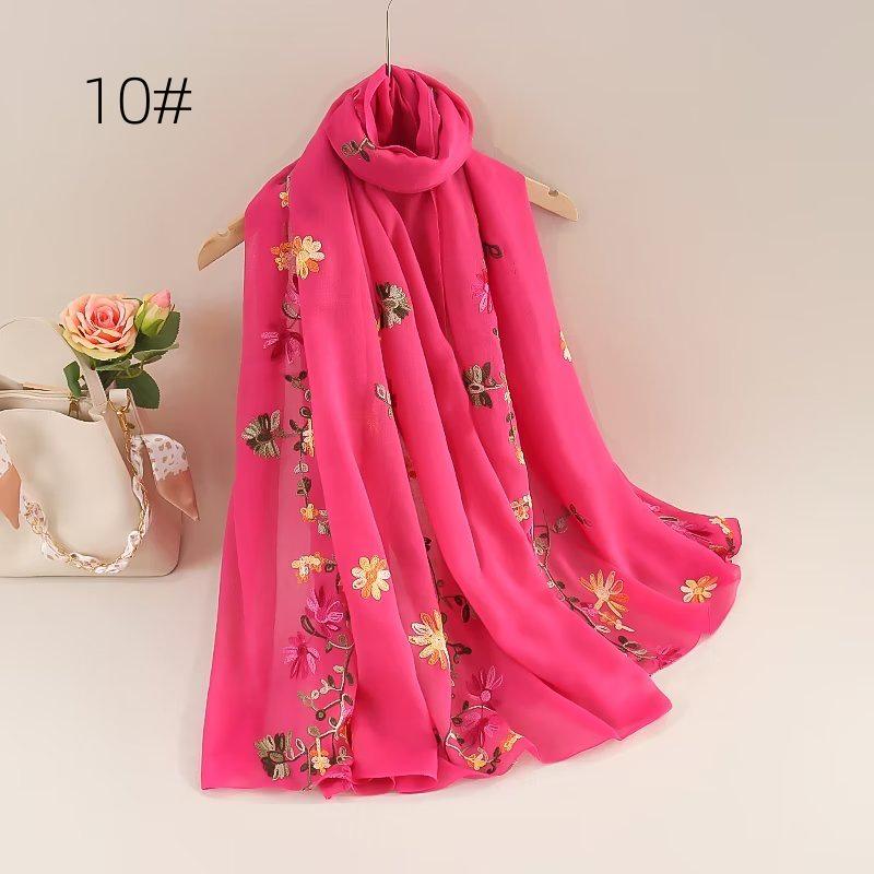 Ethnic Style Embroidered Cotton-Linen Scarf: Thin, Breathable, Fashionable Sun Protection; Wear as Head Wrap or Shawl.