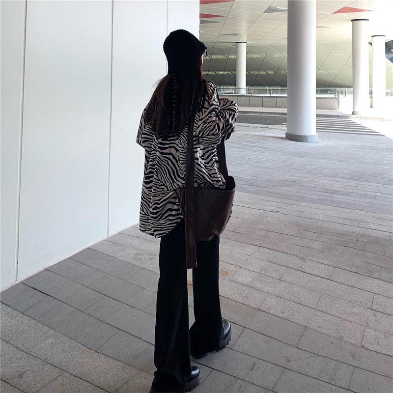 Retro Zebra Print Shirt for Women Baggy Blouse Streetwear Korean Style Black Long Sleeve Tops for Girl