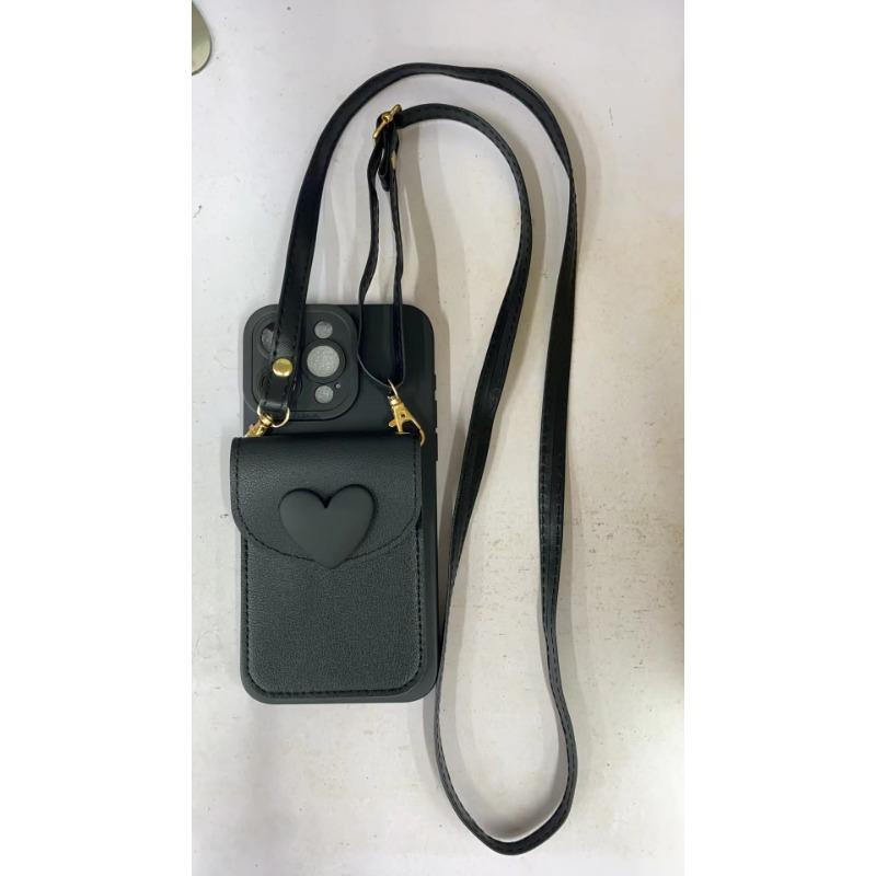 Cute Crossbody Lanyard Necklace Strap Card Holder Phone Case For iPhone 11 12 13 16 15 Pro Max X XR 14 Plus 3D Love Heart Cover