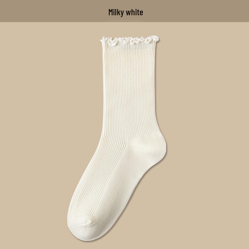 

Women s Mid-High Tube Cotton Socks, Autumn/Winter, Ruffled Edge, Solid Color, Slouchy and Versatile, Double Stitch. One Size