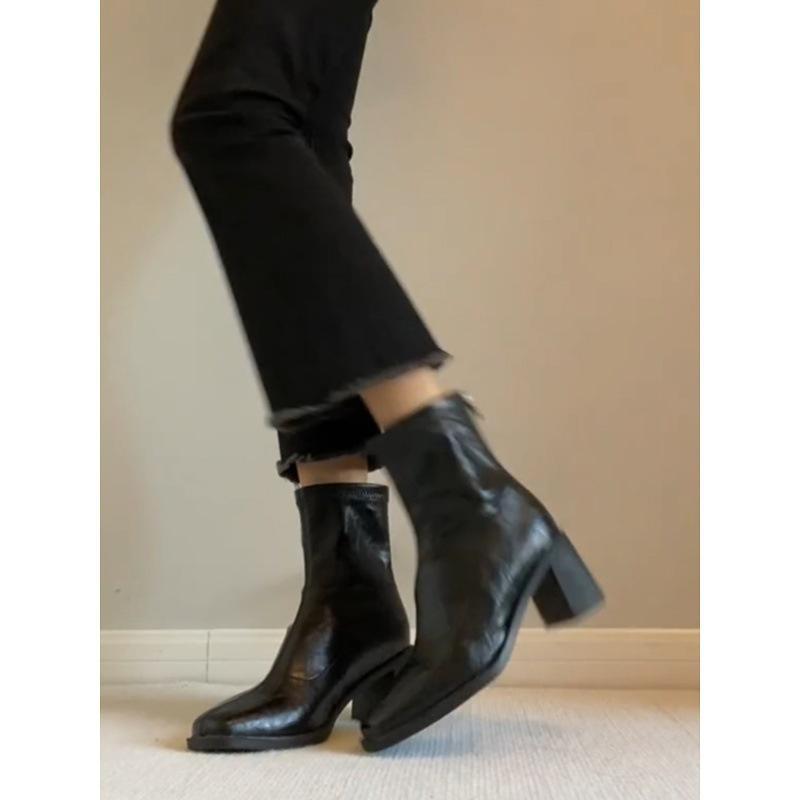 Vintage Coarse Heel Elastic Skinny Boots Children'S High Heel Square Head Short Boots Martin Boots