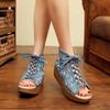 Fashion 2025 New National Style Embroidery Shoes High Heel Fish Mouth Thick Platform Muffin With Cloth Retro Women's Shoes Sandals