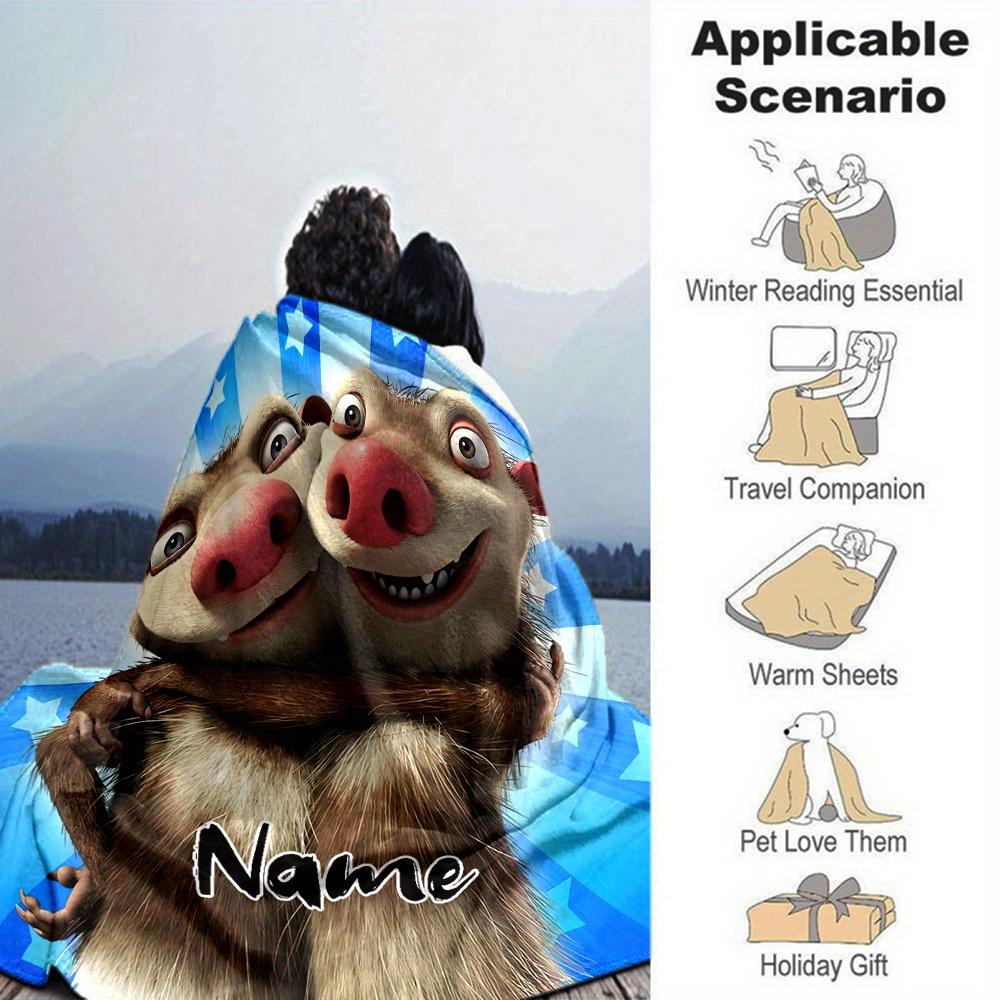 Ice Age Scrat And Sid Flannel Blanket With Customizable Name Comfortable In All Seasons Suitable For Sofas Beds Travel Camping And Office Decoration