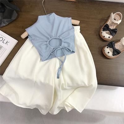 Girls' Backless T-shirt Set, Summer Trendy Children's Outfit, White Wide Leg Pants, Fashionable Two-piece Set