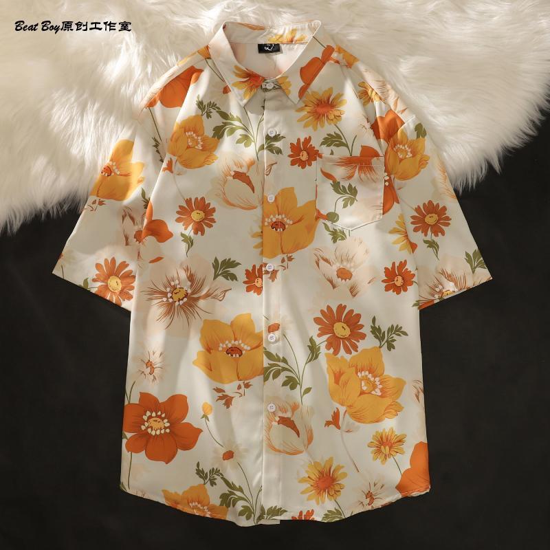 Ladies Summer Bohe Shirt - Oversized Short Sleeve Button Down Flower Printed Top for Casual Layering