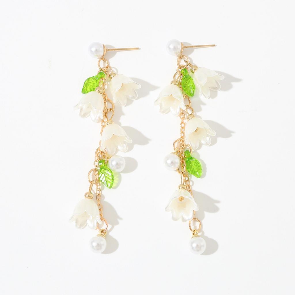 Maiglöckchen Ohrhänger mit Perlenfransen Romantischer Blumenschmuck für Party-Schmuck für Damen Elegante Lange Hängeohrringe