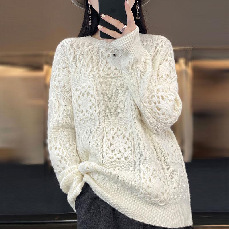 Women's 100% Pure Wool Crochet Loose Round-Neck Sweater - Heavy-Duty Trendy Base Layer