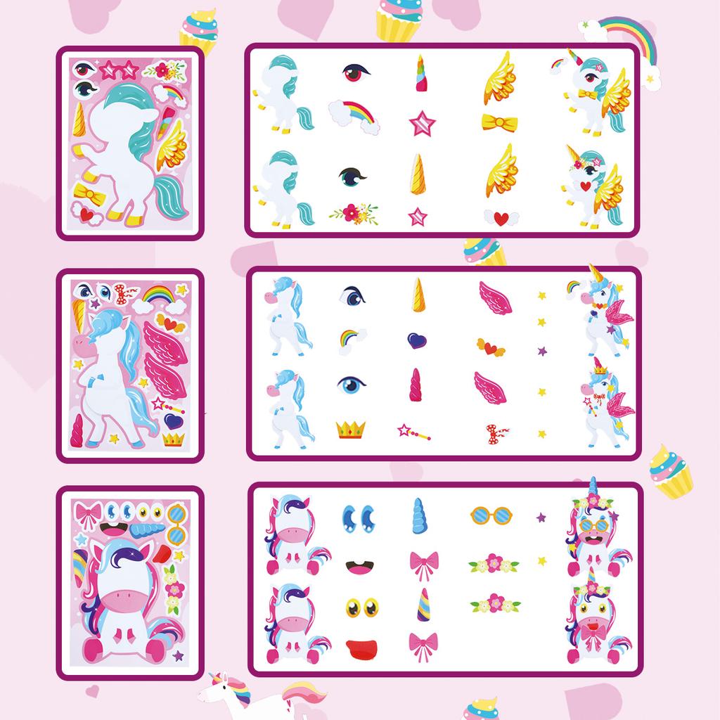 12Sheets Rainbow Horse Children DIY Puzzle Sticker Games Unicorn Birthday Party Make A Face Funny Assemble Jigsaw Stickers Gifts