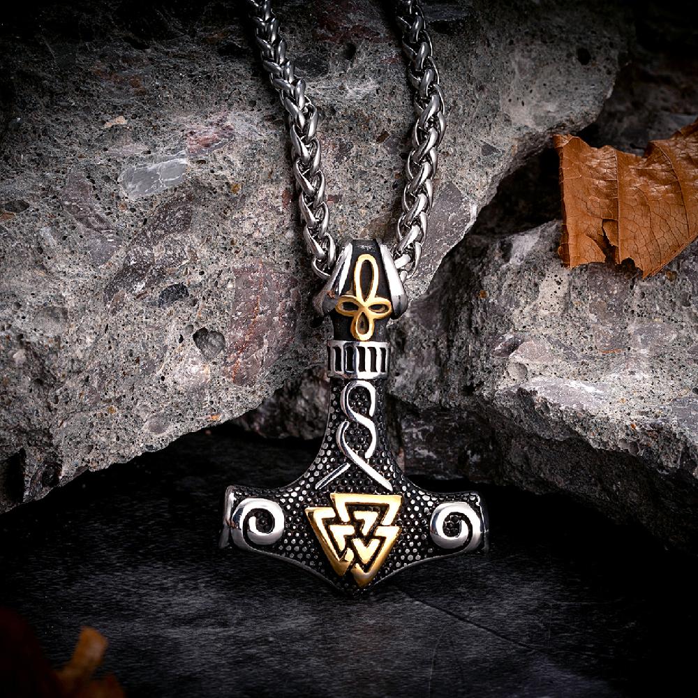 Vikings Thors Hammer Necklace Stainless Steel Double Sided Pendant Norse Amulet Men Vintage Jewelry