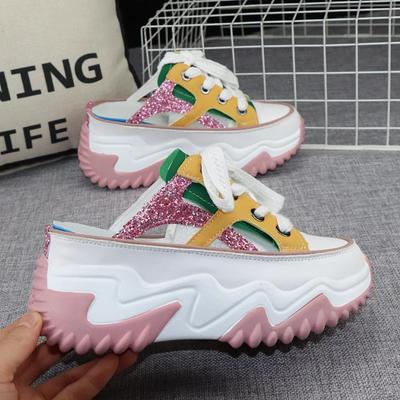 8cm New Glitter Leather Women Chunky Sneakers Platform Wedge  Breathable Slippers Comfortable Hollow Summer Shoes
