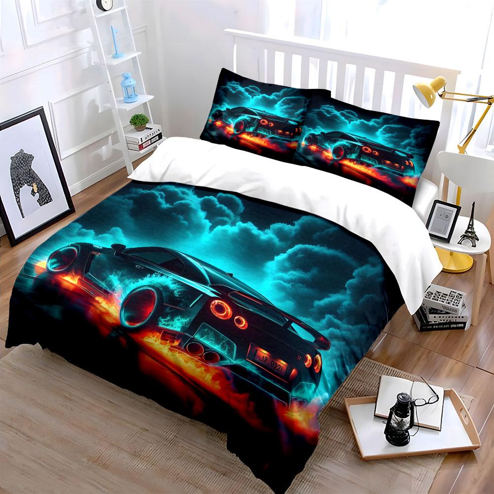 Flaming Sports Car Speeding At Night Print Bedding Set 1 Duvet Cover 2 Pillowcases For Adult Children Luxury Gift Full Size