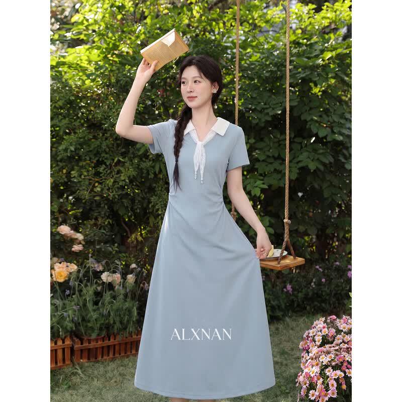 Deer Xiangnan French Polo Collar Elegant Fake Two-Piece Dress L