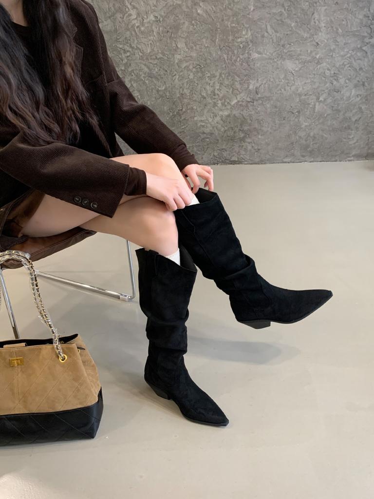 Pointed Thick Heel Pile Boots Tall Boots 2025 Autumn and Winter Khaki Short Boots But Knee Small Boots