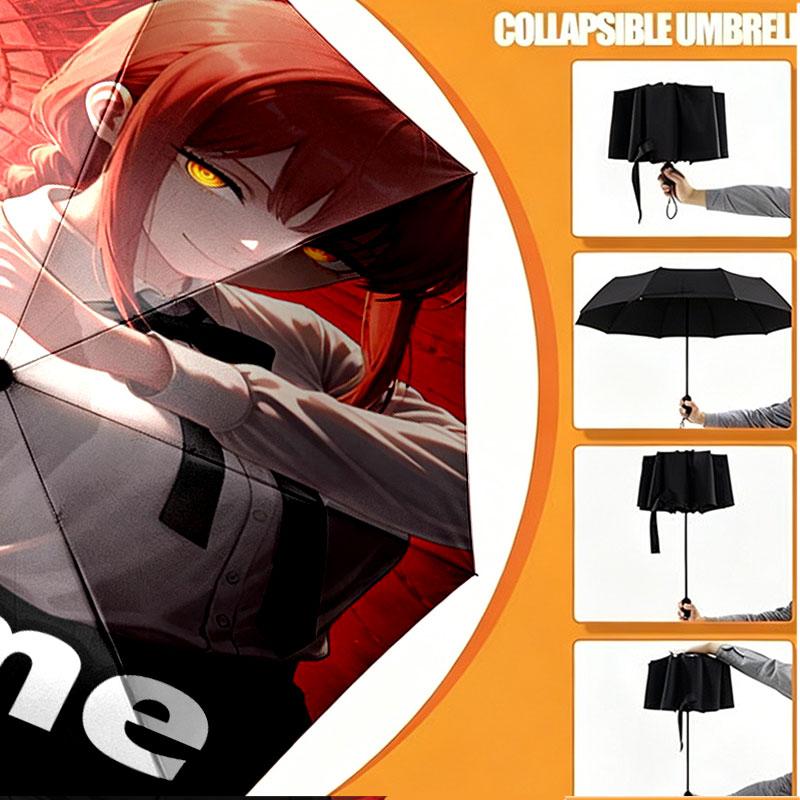 Custom Name Personalized Makima Chainsaw Man Print Umbrella, Auto Open Close, 8‑Rib Sturdy Frame, Commute Camping Hiking Use, Birthday Gift