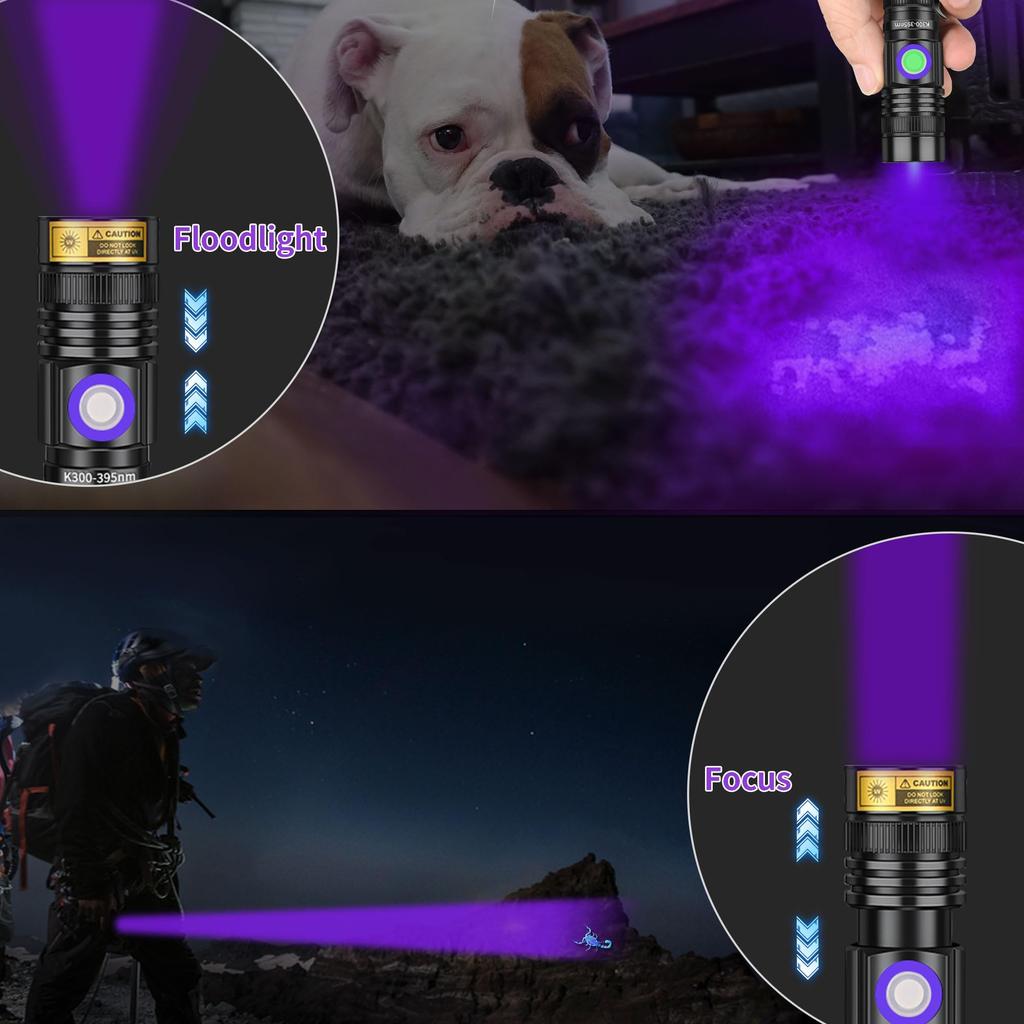 Powerful UV Flashlight, Black Light, USB Rechargeable, 395nm Mini Black Light, Portable Handheld UV Light with Adjustable Focus, LED Ultraviolet
