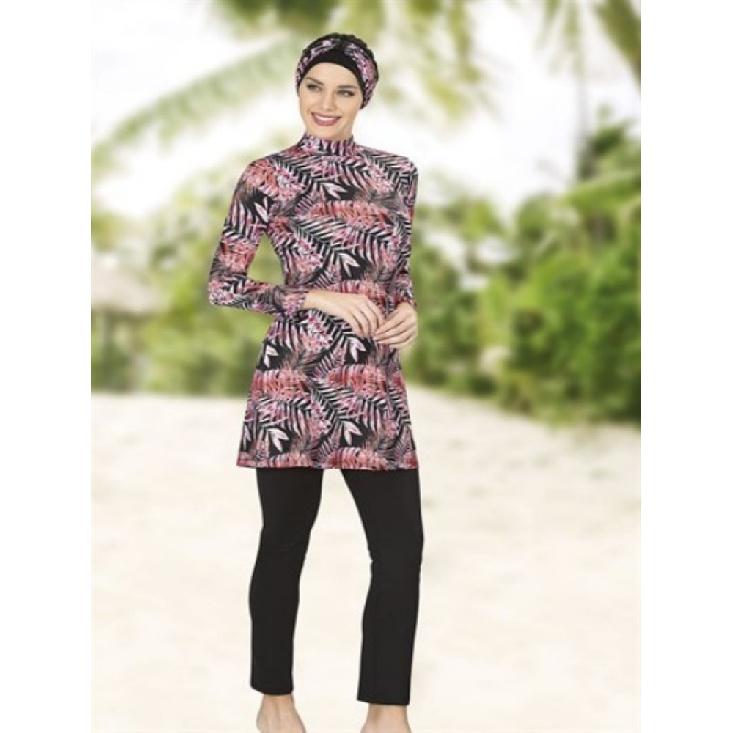 2-piece Muslim Women's Modest Tropical Rainforest Print Seaside Swimwear Full Coverage Swimsuit Set Beachwear Burkini Swimsuit Set (Without