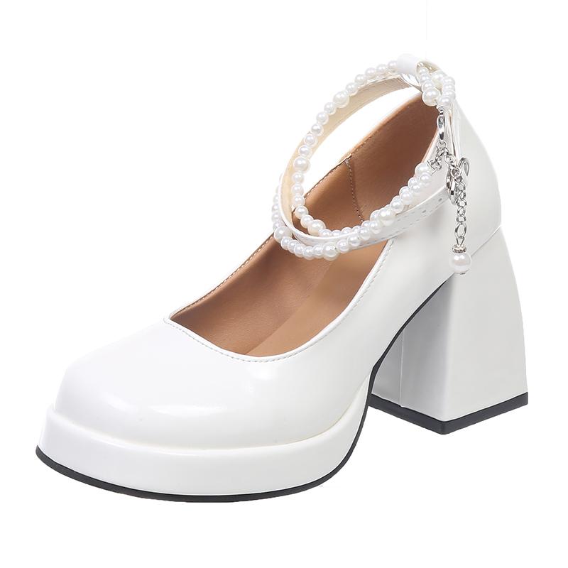 

Модные Элегантные Туфли-Лодочки Женские Туфли на Высоком Каблуке Черная Кожа Мэри Джейн Квадратный Носок Декор из Ниток и Бусин Туфли Офисные Ретро Туфли на Толстом Каблуке 35 белый